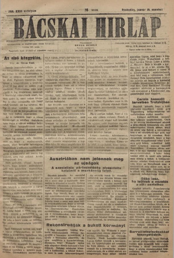Bácskai Hirlap, 22. évf. 1918. január 19. 16. sz.