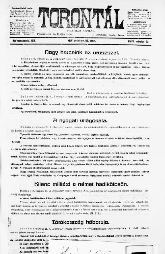 Torontál, 44. évf. 1915. március 22. 66. sz.