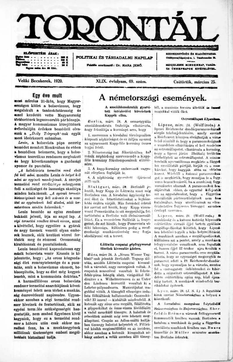 Torontál, 49. évf. 1920. március 26. 69. sz.