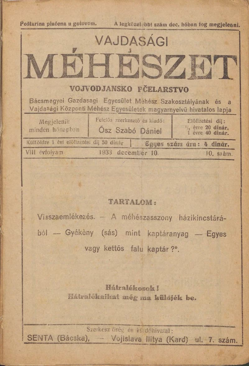Vajdasági méhészet, 8. évf. 1933. december 10. 10. sz.