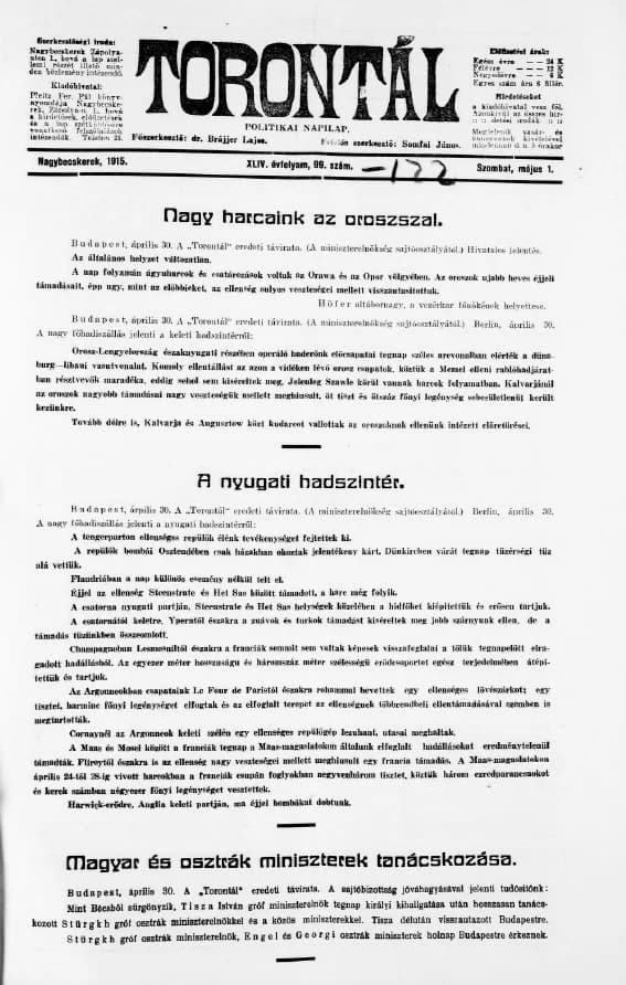 Torontál, 44. évf. 1915. május 1. 99. sz.