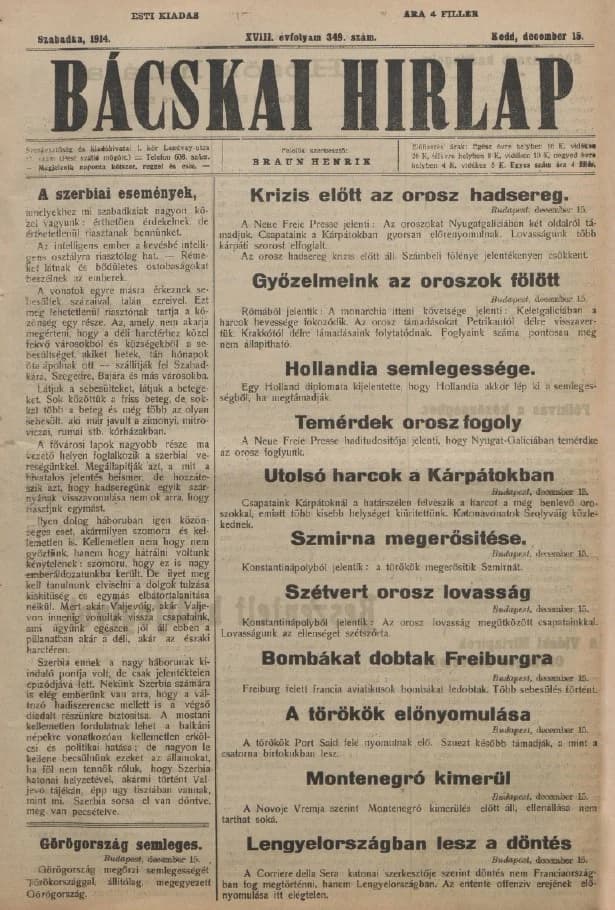 Bácskai Hirlap, 18. évf. 1914. december 15. 349. sz.