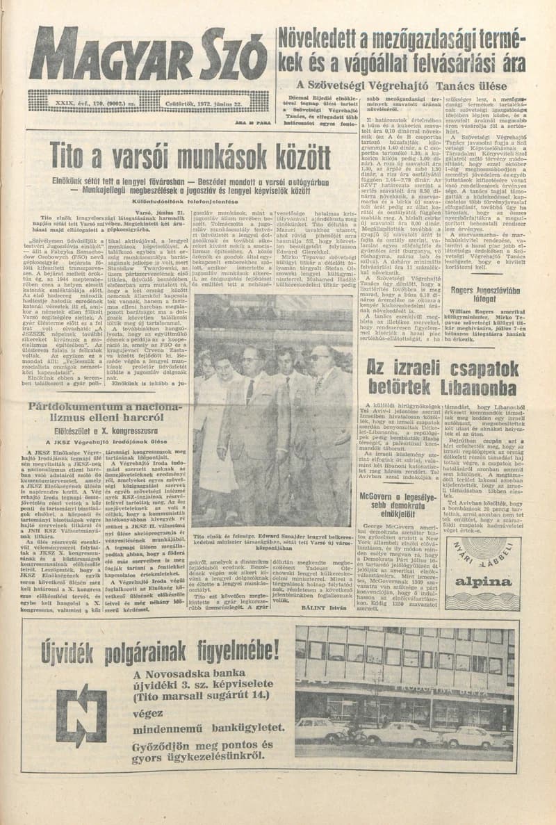 Magyar Szó, 29. évf. 1972. június 22. 170. sz. 1–14. oldal