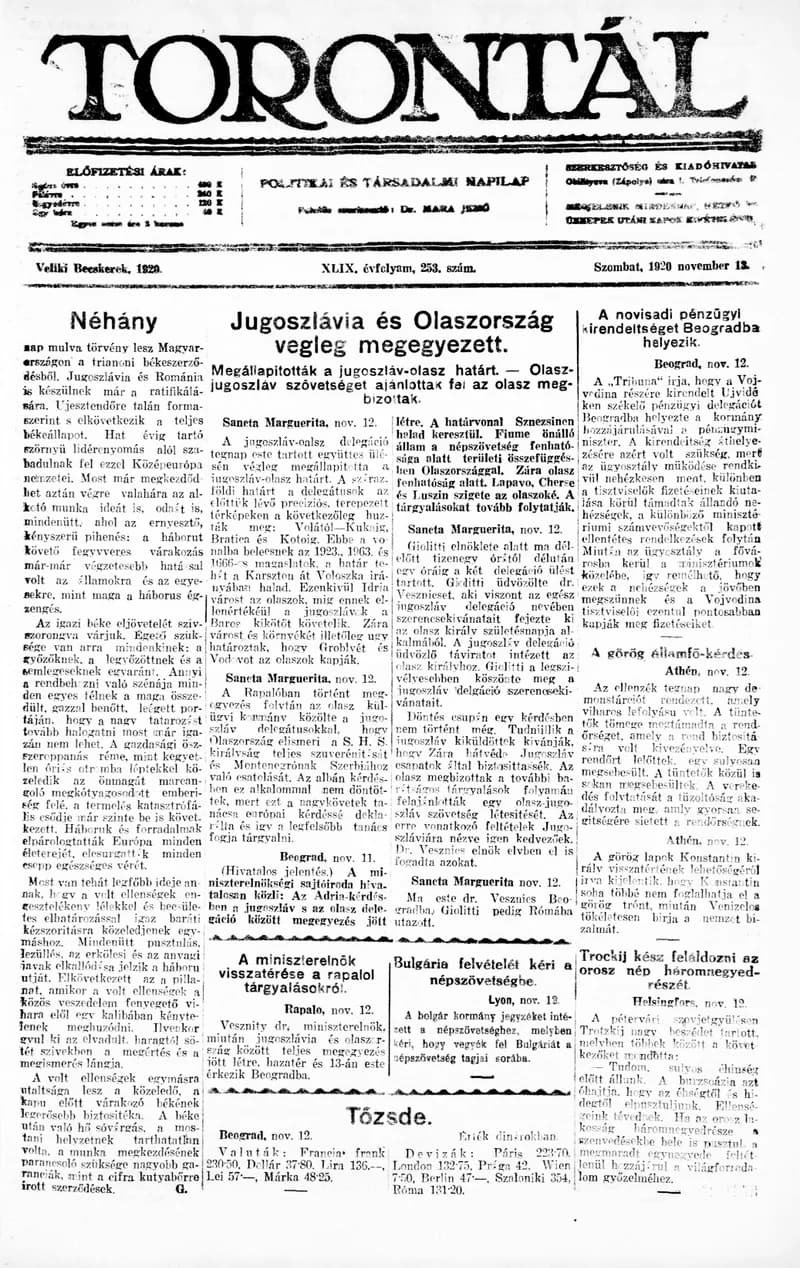 Torontál, 49. évf. 1920. november 13. 253. sz.