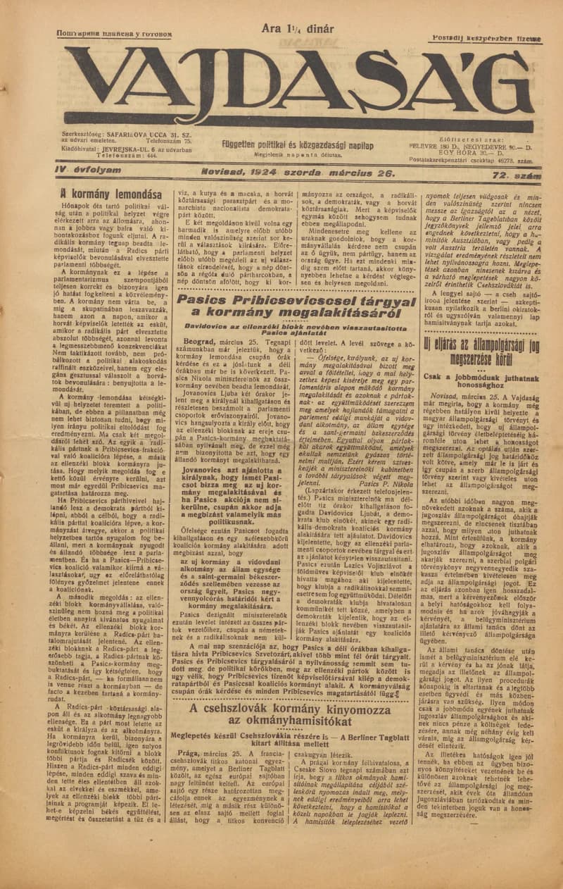 Vajdaság, 4. évf. 1924. március 26. 72. sz.