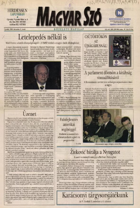 Magyar Szó, 60. évf. 2003. december 2. 285. sz. 1–20. oldal