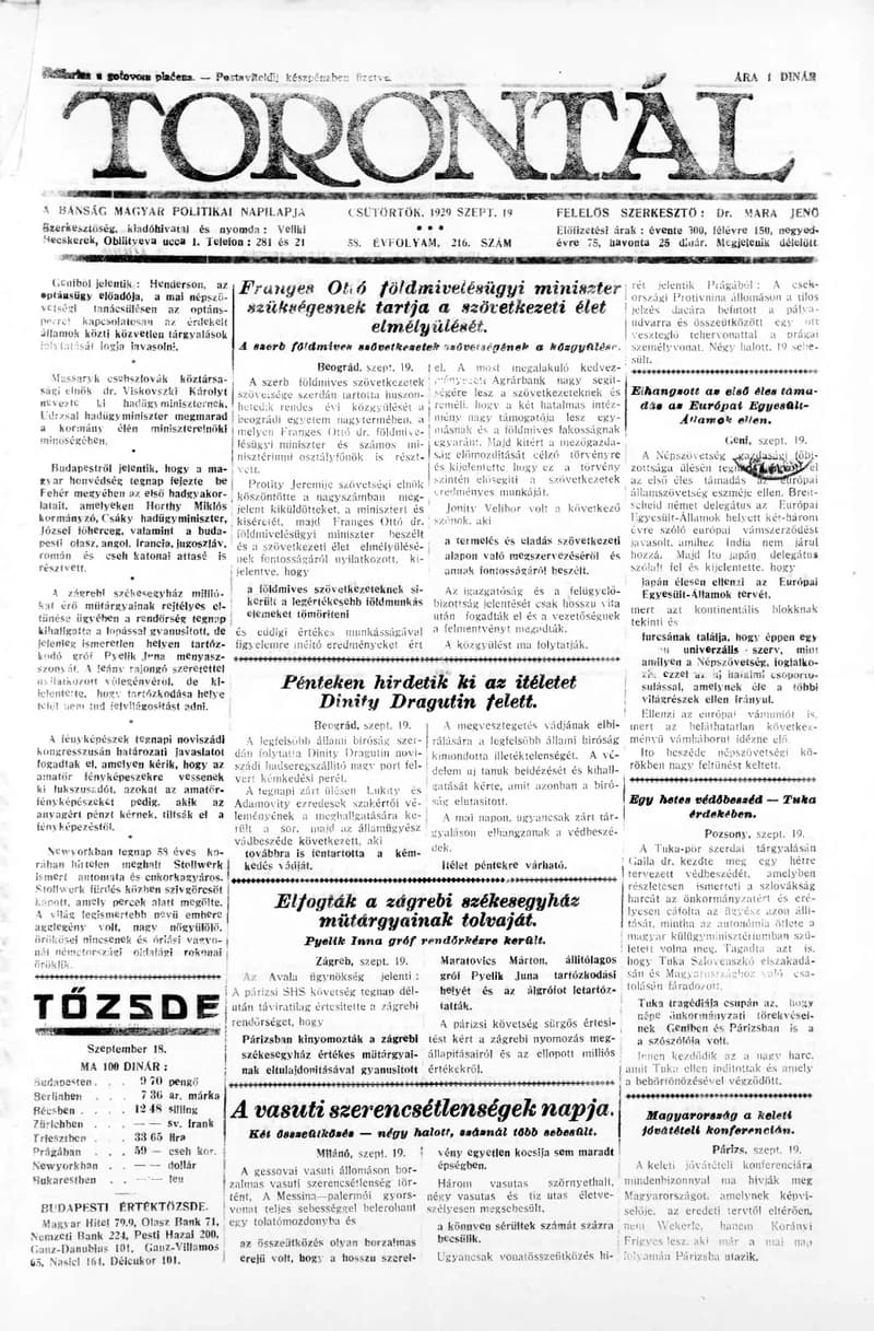 Torontál, 58. évf. 1929. szeptember 19. 216. sz.