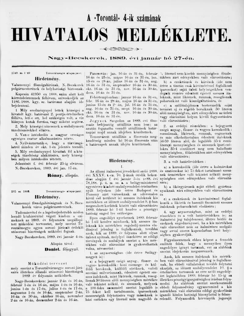 A Totontál  hivatalos melléklete, 2. évf. 1889. január 27. 4. sz.