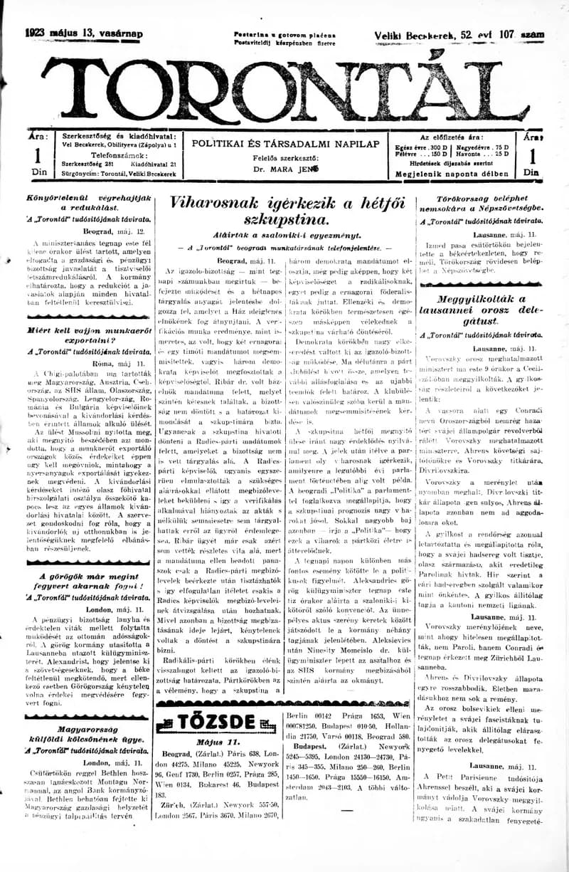 Torontál, 52. évf. 1923. május 13. 107. sz.