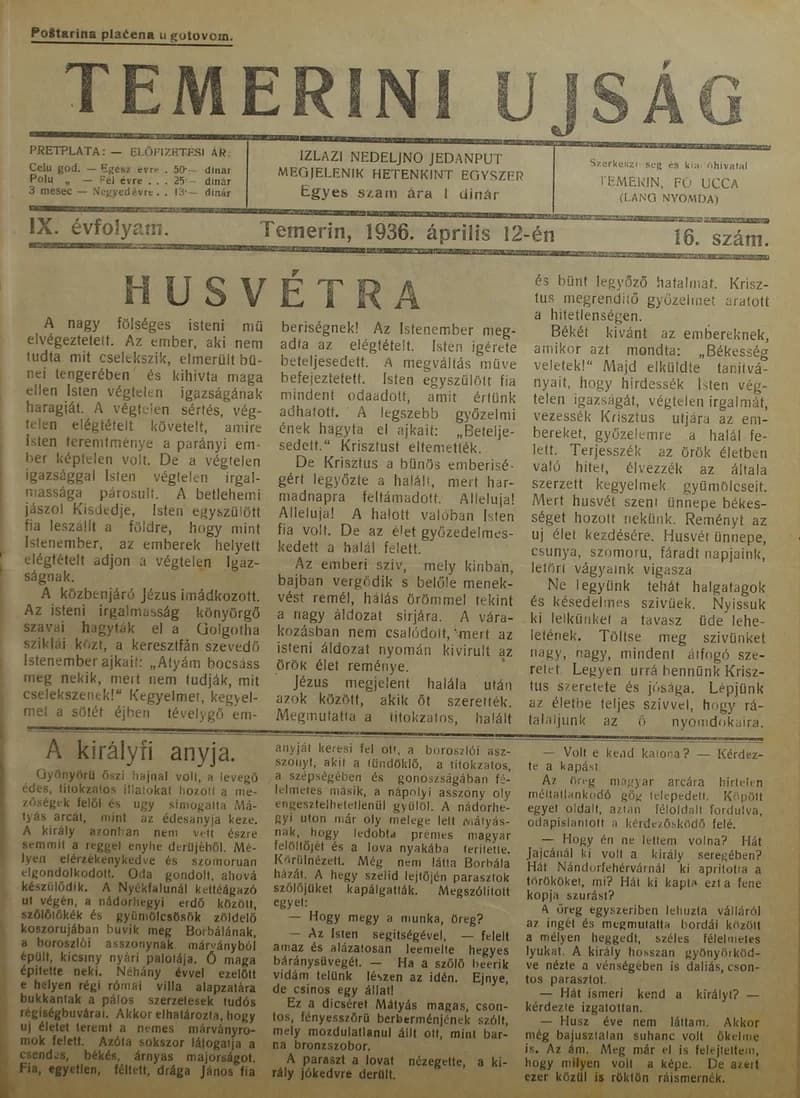 Temerini Újság 1928-1944, 9. évf. 1936. április 12. 16. sz.