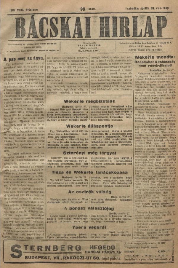 Bácskai Hirlap, 22. évf. 1918. április 28. 98. sz.