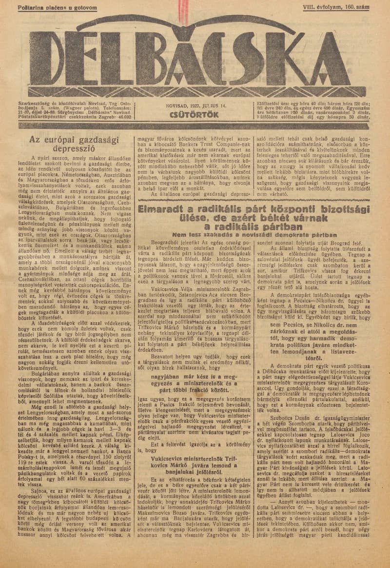 Délbácska, 8. évf. 1927. július 14. 160. sz.