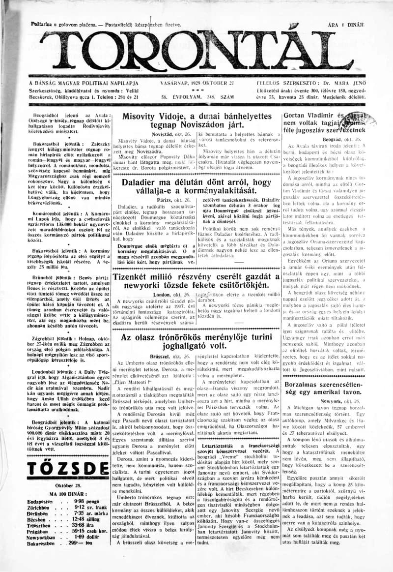 Torontál, 58. évf. 1929. október 27. 248. sz.