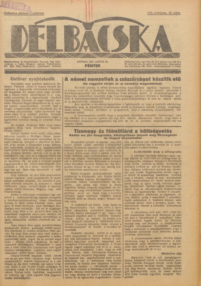 Délbácska, 8. évf. 1927. január 28. 22. sz.
