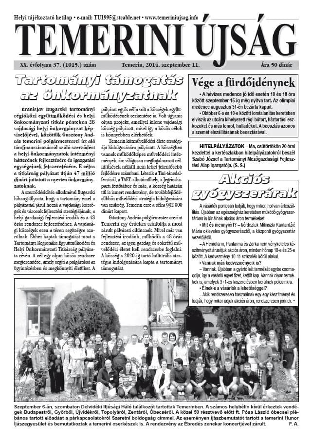 Temerini Újság, 20. évf. 2014. szeptember 11. 37. sz.