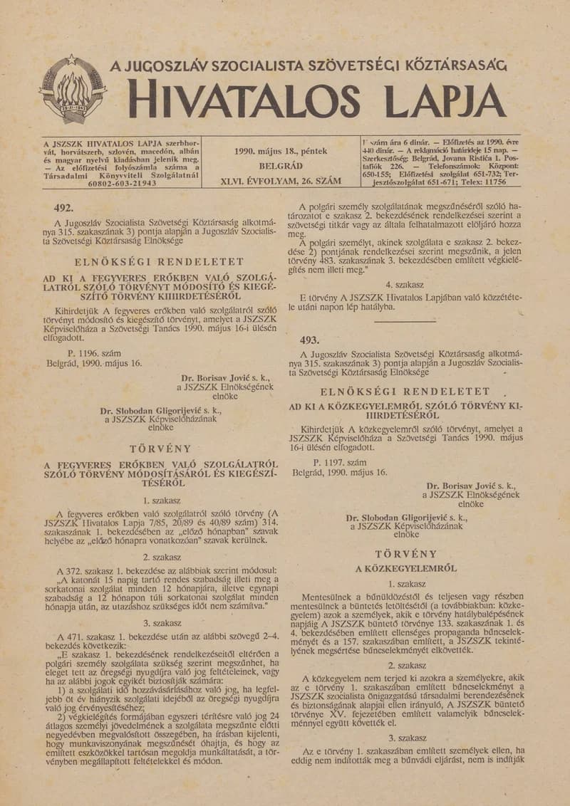 A Jugoszláv Szocialista Szövetségi Köztársaság Hivatalos Lapja, 46. évf. 1990. május 18. 26. sz. 933–956. oldal