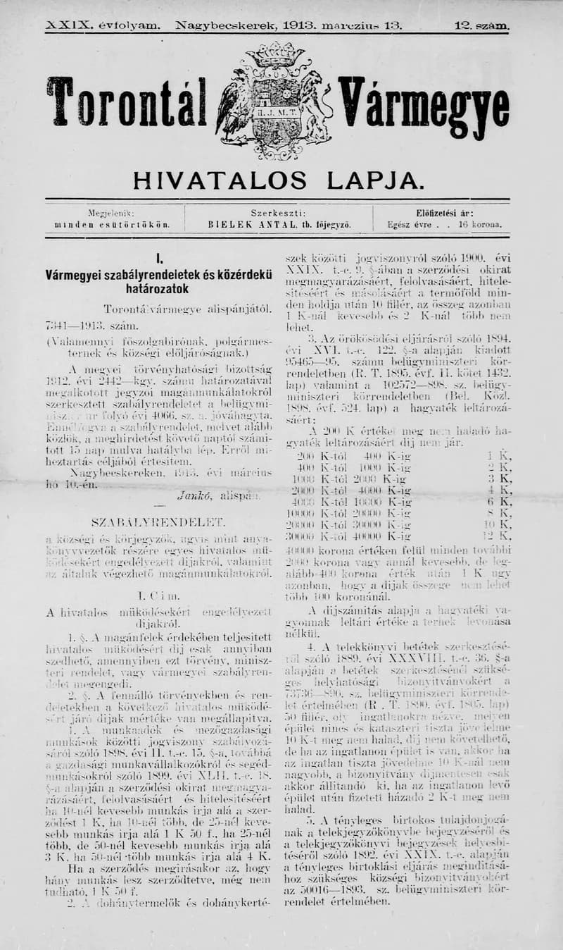 Torontál Vármegye Hivatalos Lapja, 29. évf. 1913. március 13. 12. sz.