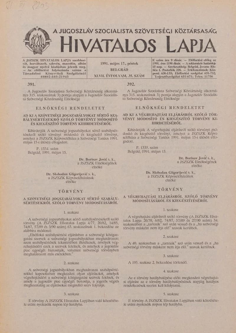 A Jugoszláv Szocialista Szövetségi Köztársaság Hivatalos Lapja, 47. évf. 1991. május 17. 35. sz. 589–596. oldal