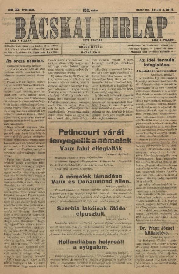 Bácskai Hirlap, 20. évf. 1916. április 3. 152. sz.