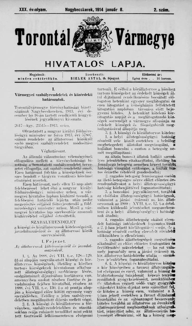 Torontál Vármegye Hivatalos Lapja, 30. évf. 1914. január 8. 2. sz.