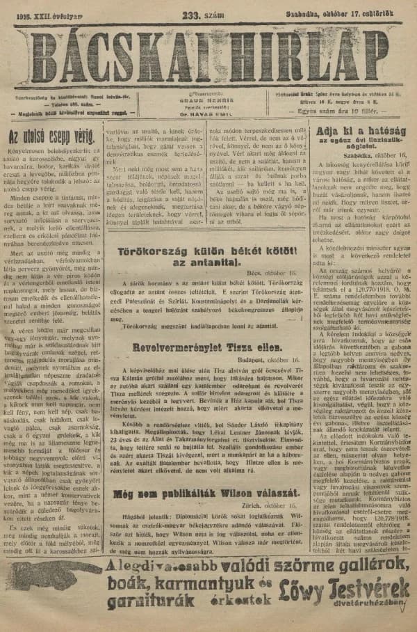 Bácskai Hirlap, 22. évf. 1918. október 17. 233. sz.