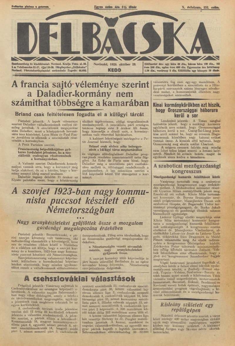 Délbácska, 10. évf. 1929. október 29. 252. sz.