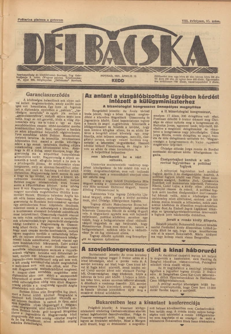 Délbácska, 8. évf. 1927. április 12. 85. sz.