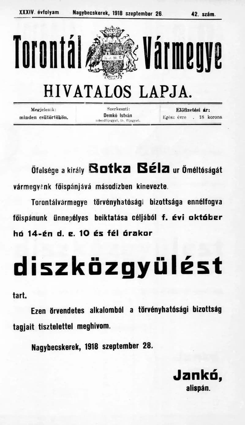 Torontál Vármegye Hivatalos Lapja, 34. évf. 1918. szeptember 26. 42. sz.