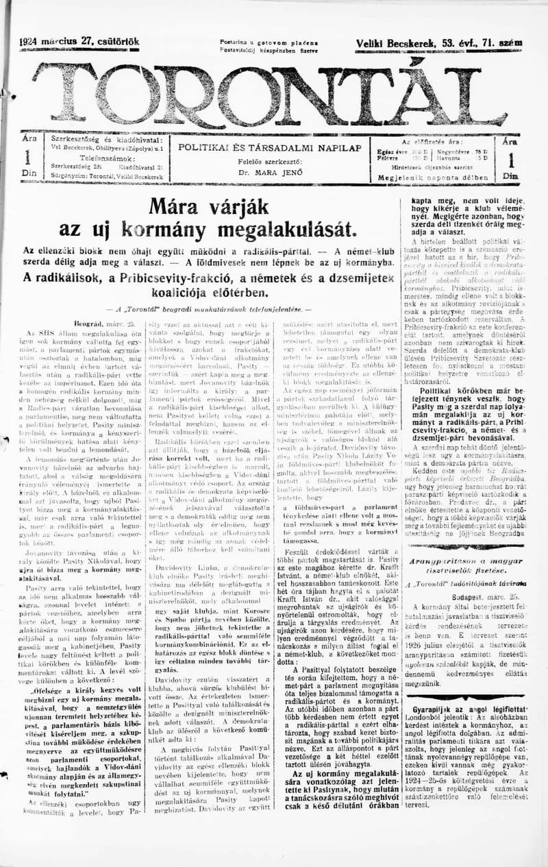 Torontál, 53. évf. 1924. március 27. 71. sz.