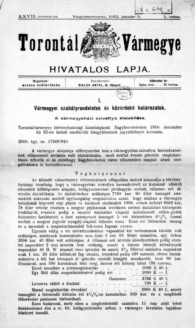 Torontál Vármegye Hivatalos Lapja, 27. évf. 1911. január 5. 1. sz.
