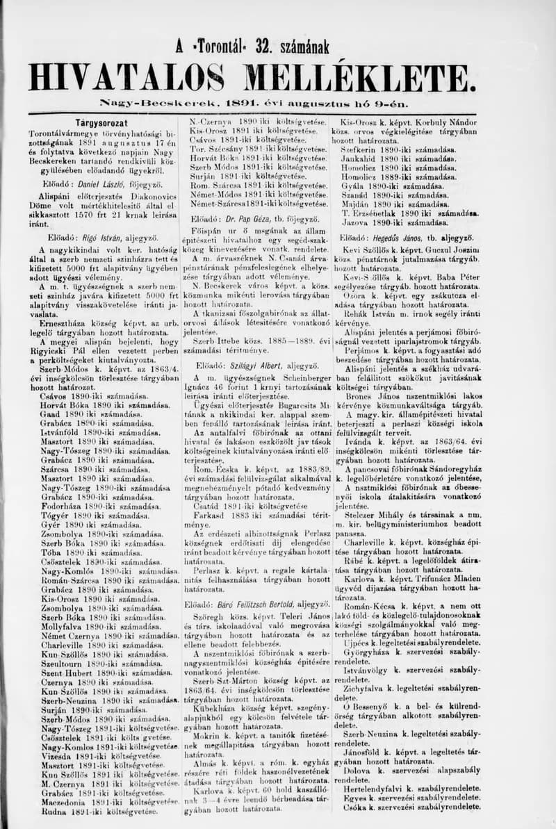 A Totontál  hivatalos melléklete, 4. évf. 1891. augusztus 9. 32. sz.