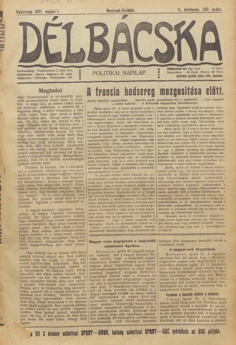 Délbácska, 2. évf. 1921. május 1. 100. sz.