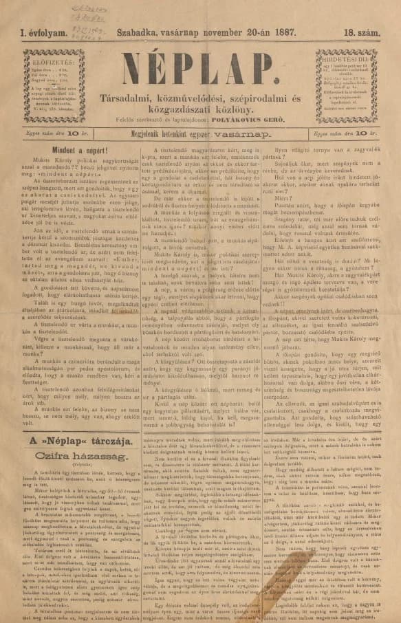 Néplap, 1. évf. 1887. november 20. 18. sz.