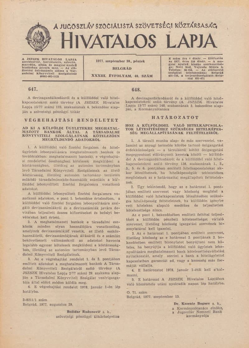 A Jugoszláv Szocialista Szövetségi Köztársaság Hivatalos Lapja, 33. évf. 1977. szeptember 30. 48. sz. 1805–1820. oldal