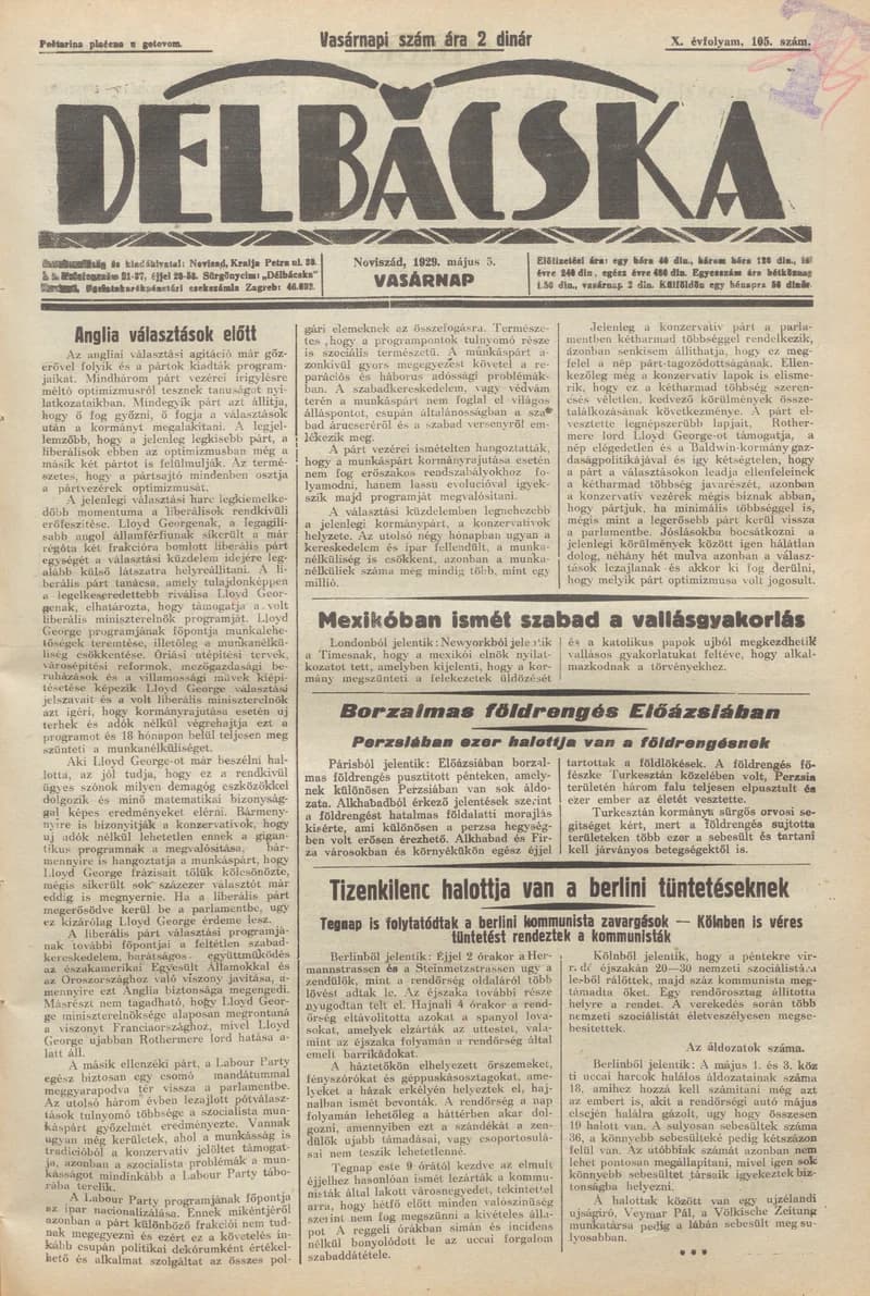 Délbácska, 10. évf. 1929. május 5. 105. sz.