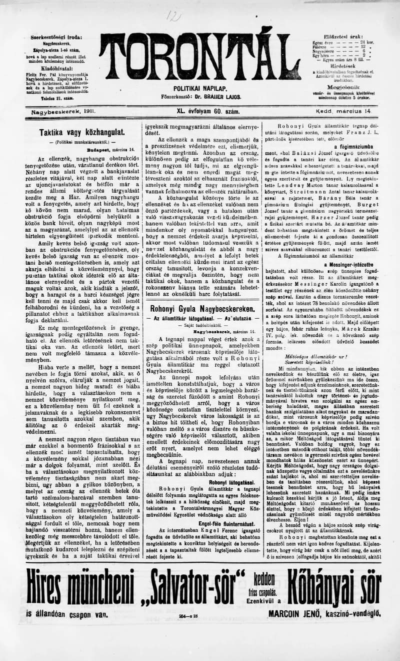 Torontál, 40. évf. 1911. március 14. 60. sz.