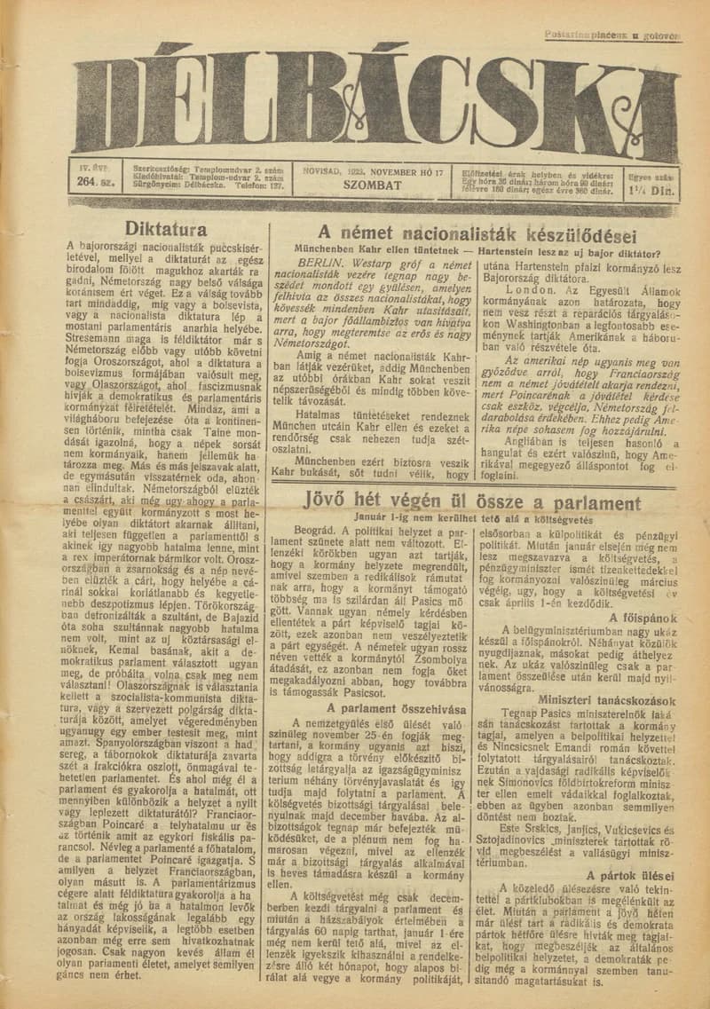 Délbácska, 4. évf. 1923. november 17. 264. sz.