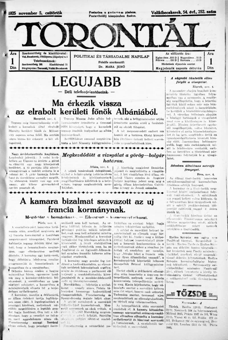 Torontál, 54. évf. 1925. november 5. 252. sz.