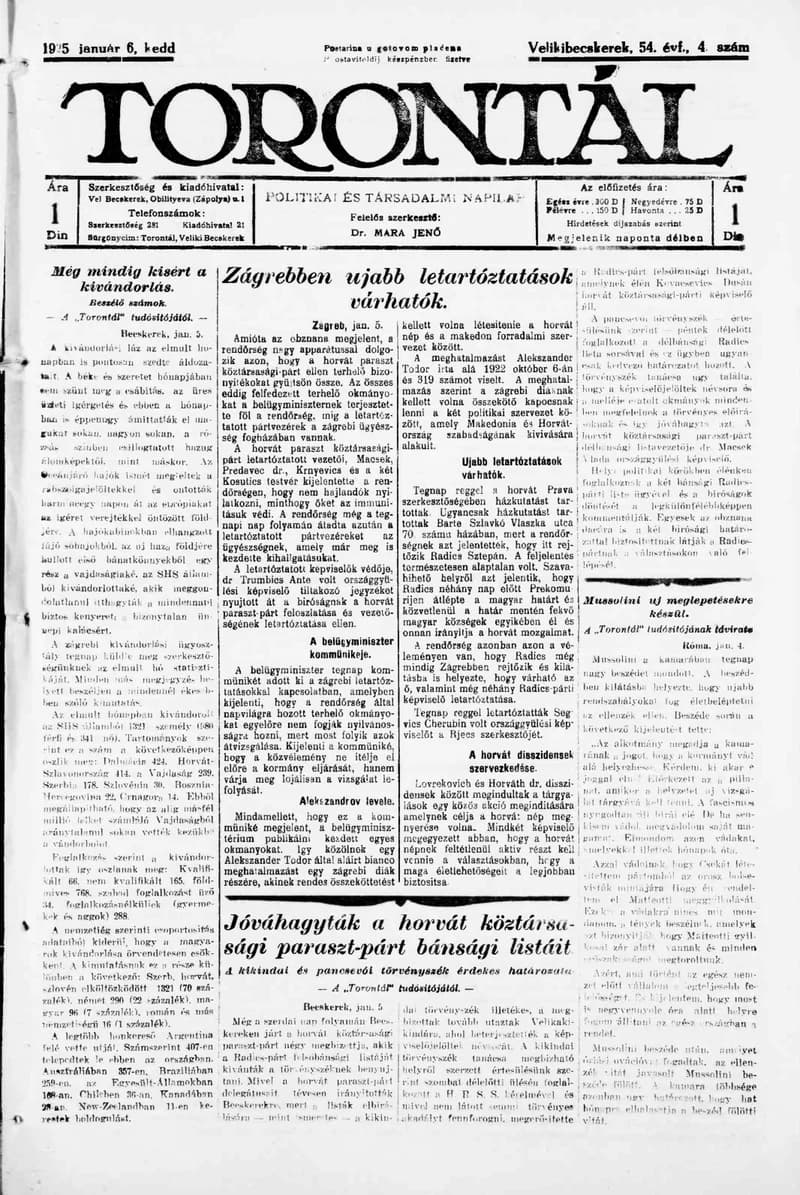 Torontál, 54. évf. 1925. január 6. 4. sz.