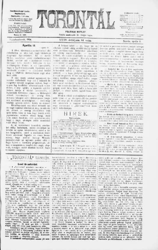 Torontál, 35. évf. 1906. április 11. 84. sz.