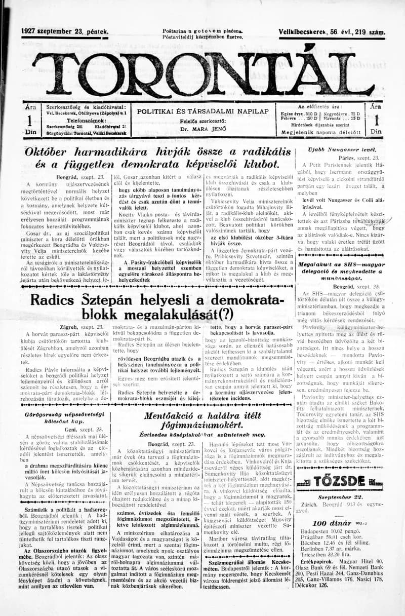 Torontál, 56. évf. 1927. szeptember 23. 219. sz.