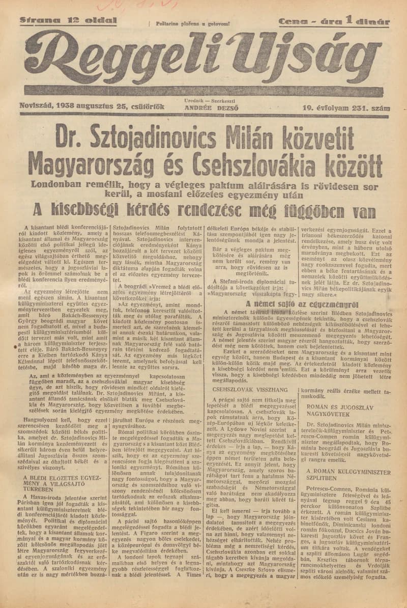 Reggeli Újság, 19. évf. 1938. augusztus 25. 231. sz.