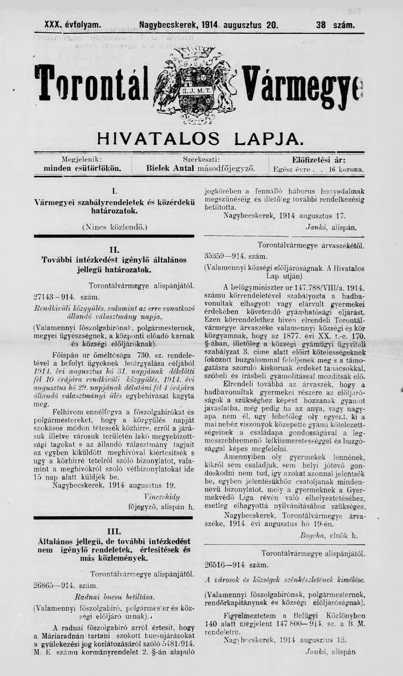 Torontál Vármegye Hivatalos Lapja, 30. évf. 1914. augusztus 20. 38. sz.