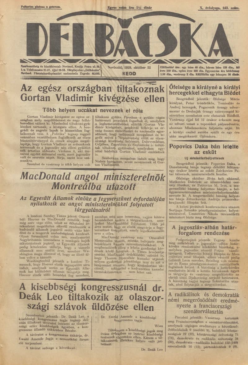 Délbácska, 10. évf. 1929. október 22. 246. sz.