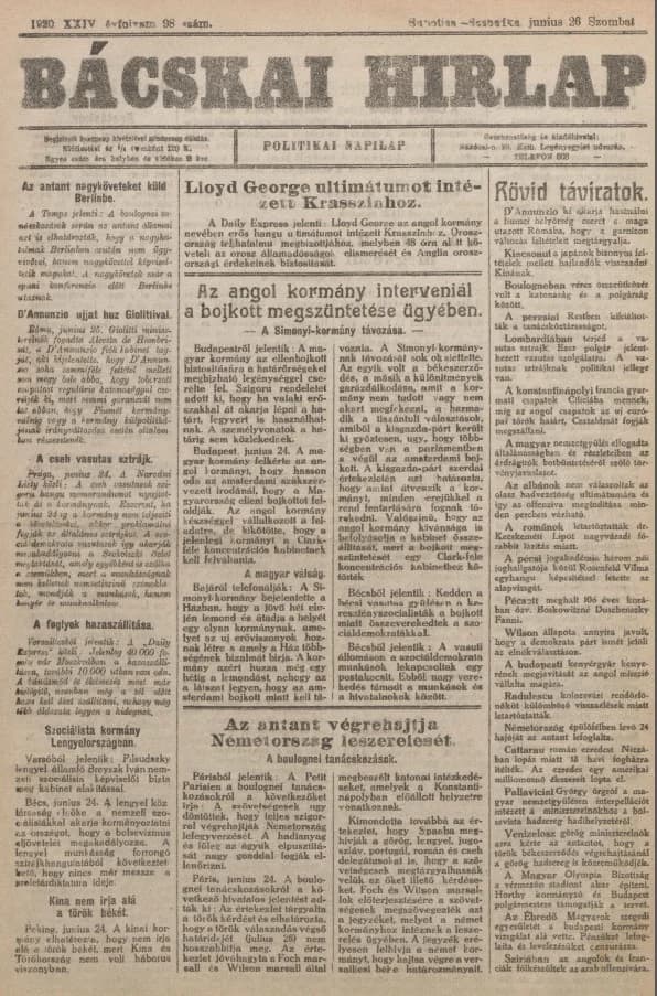Bácskai Hirlap, 24. évf. 1920. június 26. 98. sz.
