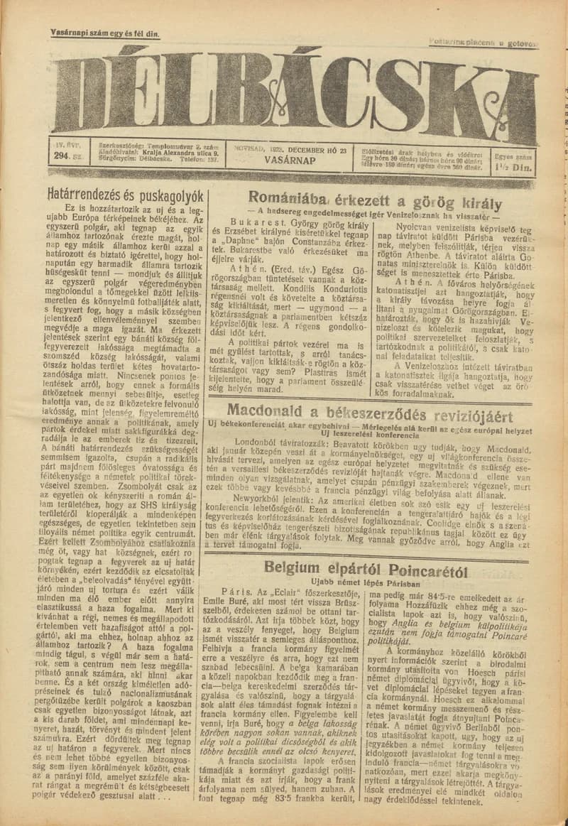 Délbácska, 4. évf. 1923. december 23. 294. sz.