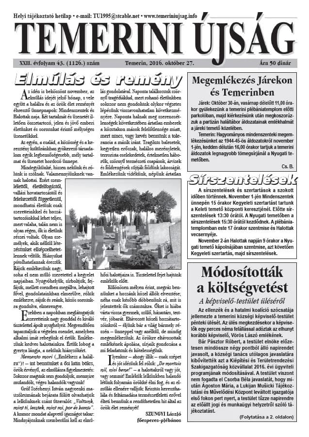 Temerini Újság, 22. évf. 2016. november 27. 43. sz.