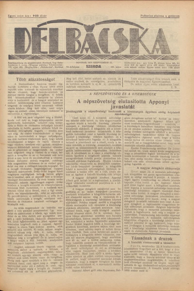 Délbácska, 6. évf. 1925. szeptember 23. 220. sz.