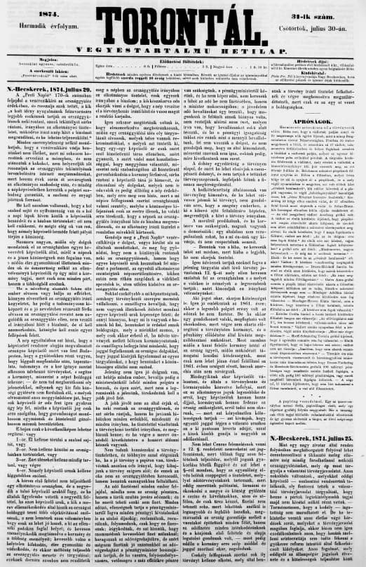 Torontál, 3. évf. 1874. július 30. 31. sz.