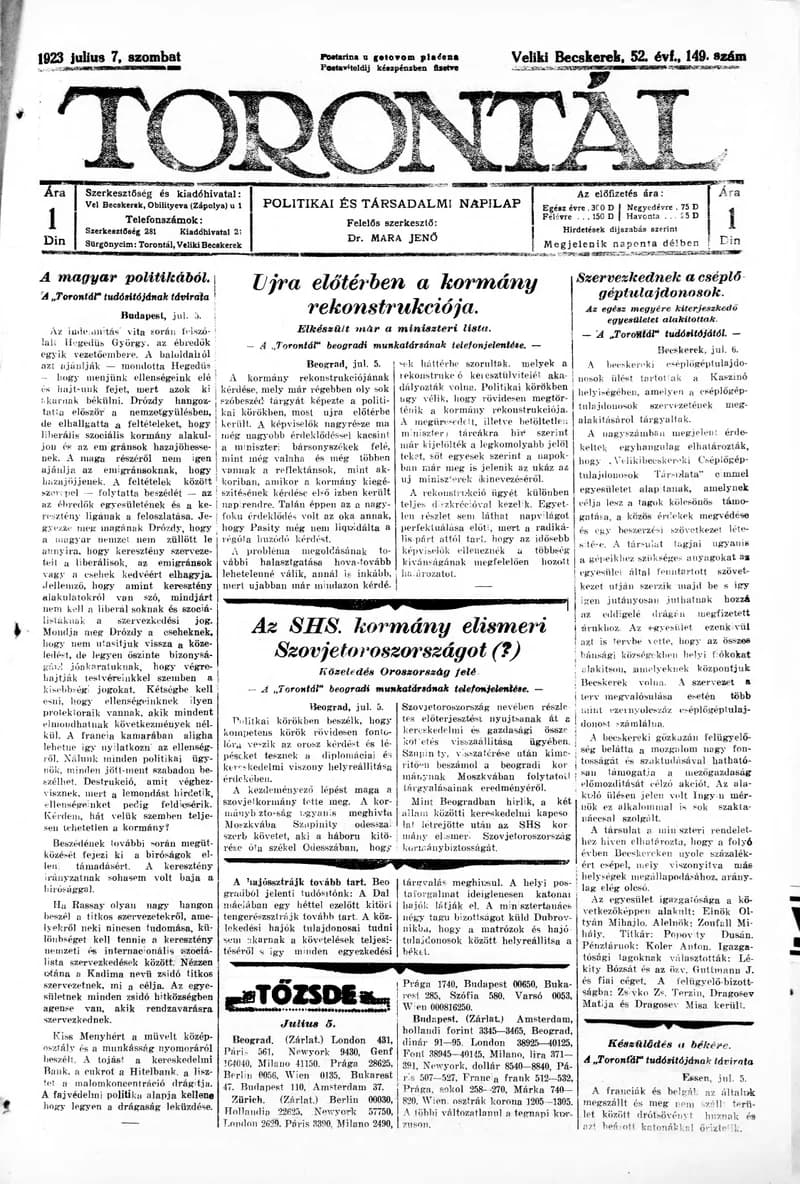 Torontál, 52. évf. 1923. július 7. 149. sz.
